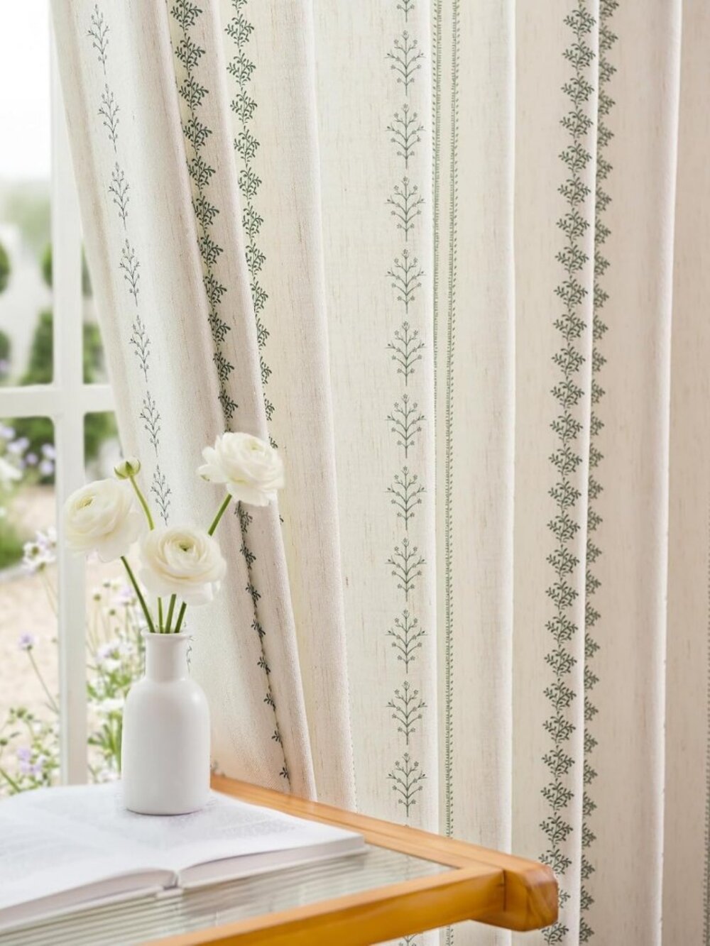 Sage Green Floral Pinch Pleated Curtains, 84" Vintage Farmhouse Light Filtering